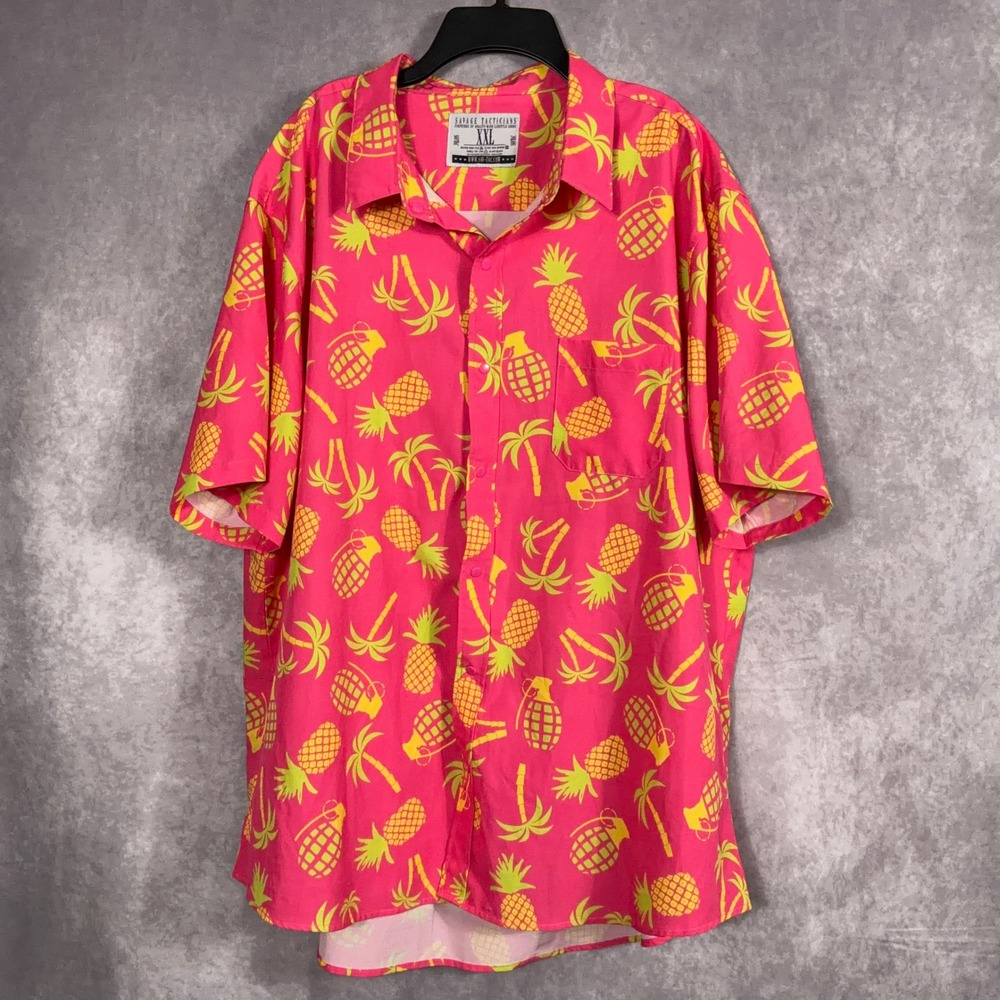 Savage Tacticians Pineapple Grenade Aloha Shirt XXL Pink Neon Button Down‎ XXL